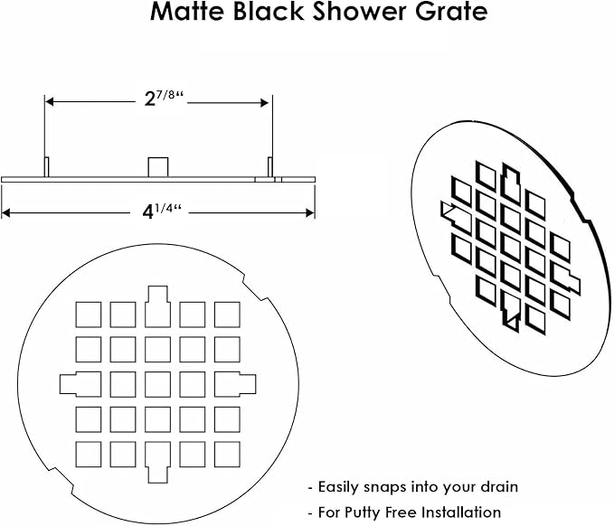 4 ¼” Matte Black Snap-in Shower Drain Cover - Premium Round Black Grate Replacement - 4.25" OD Strainer - Easy Install - Durable Solid Brass Construction