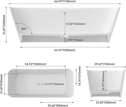 67" Premium Solid Surface Stone Resin Freestanding Bathtub, Matte White Stand Alone Soaking Tubs with Overflow and Pop-up Drain