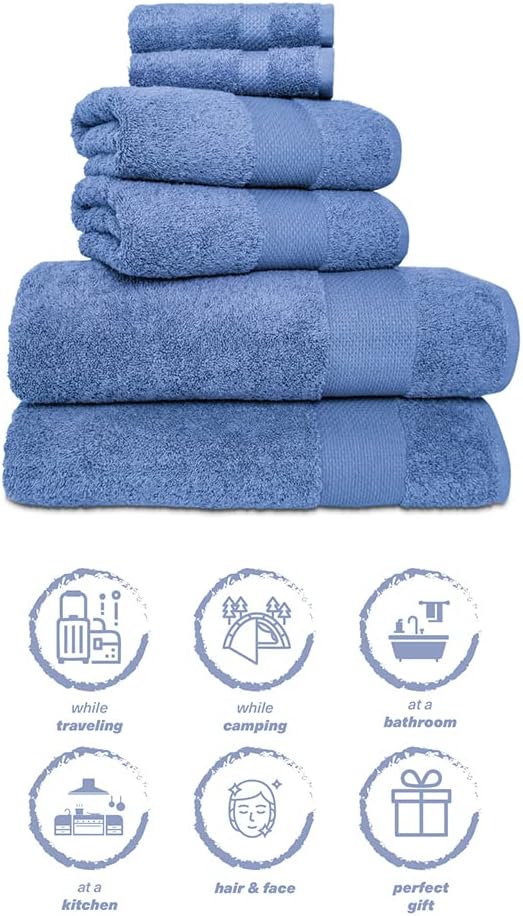 Hencely 6-Piece Bath Towel Set - High Absorbency, Quick Drying - 100% Soft Turkish Cotton - 2 Bath Towels, 2 Hand Towels, 2 Washcloths - for Bathroom, Home, Hotel, Spa, and Gym - 6-Pack Blue