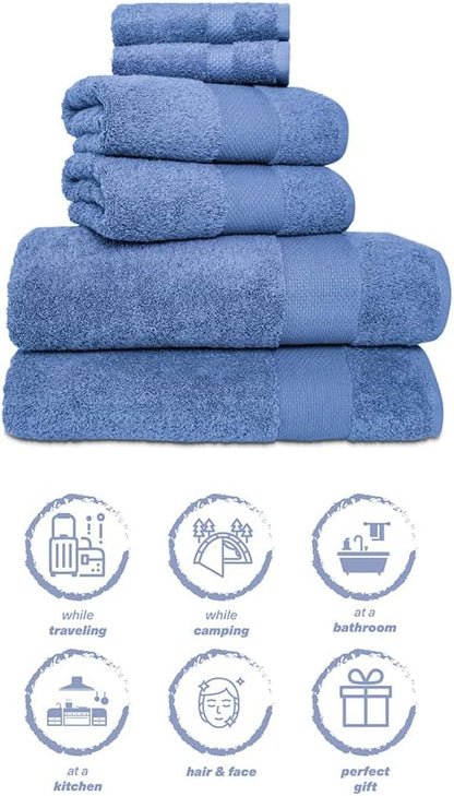Hencely 6-Piece Bath Towel Set - High Absorbency, Quick Drying - 100% Soft Turkish Cotton - 2 Bath Towels, 2 Hand Towels, 2 Washcloths - for Bathroom, Home, Hotel, Spa, and Gym - 6-Pack Blue