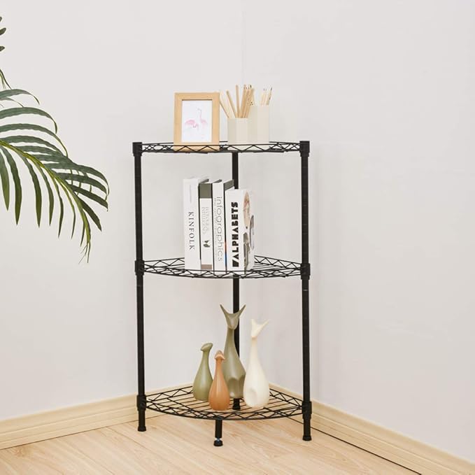 3 Tier Storage Racks Shelving, Heavy Steel Pantry Shelves, Adjustable Wire Shelving Rack Corner, Suitable for Garage, Kitchens, Bathroom, Offices, 13.8" W x 13.8" D x 32" H, Black