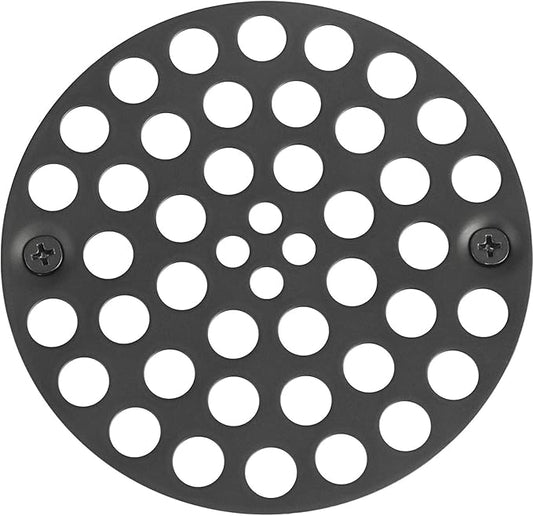 4" Black Screw-in Shower Strainer - 3-⅜” Screw Hole Spacing - 4 Inch OD Drain Cover - Solid Brass - Professional Grade and Lasting Durability - Matte Black Grate - Screws Included