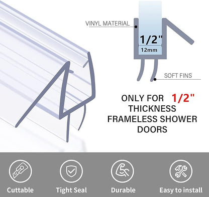 Shower Door Bottom Seal with Sweep 2Pack, 39"(990mm) Length PVC Clear Strips for 1/2"(10mm) Thick Frameless Glass Door, to Stop Water Leaking