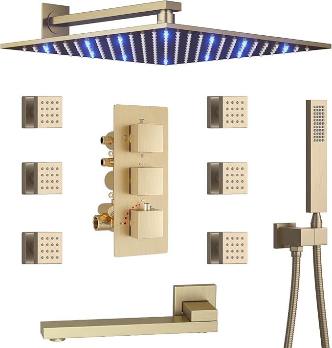 Thermostatic Brushed Gold Shower System with Tub Spout Shower Faucet Set 12 Inch Wall Mounted LED Full Body Rain Shower System with Body Jets, Handheld Spray, Brass Shower Valve