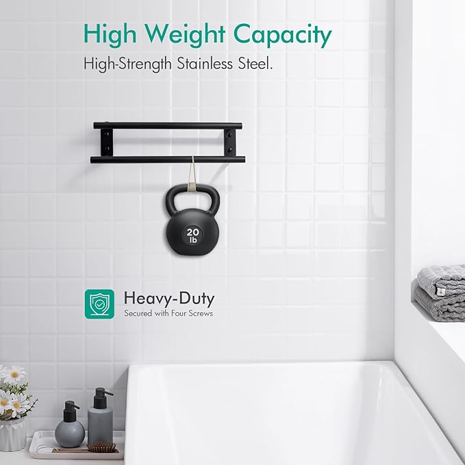 BAGNOLUX Double Towel Bar, SUS304 Towel Racks for Bathroom Wall Mounted 2-Tiers Ladder Towel Rails, Space Saving Bathroom Towel Holder Shelves Rack, Long Towel Hanger (16“-Round-Matte Black)