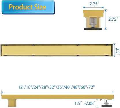 Linear Shower Drain, 36 inch Gold Drain with Tile Insert 2-in-1 Panel, Brushed 304 Stainless Steel Gold Shower Floor Drain, Linear Drain with Hair Strainer and Adjustable Feet