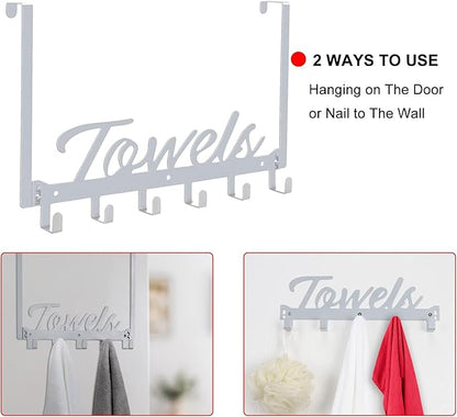 Over The Door Hooks, Towel Rack for Bathroom Towel Holder for Hanging Heavy Duty, Wall Mount Towel Hanger with 6 Hooks for Bedroom Bathroom Kitchen Towels, Bag, Coats, Hats - Silver