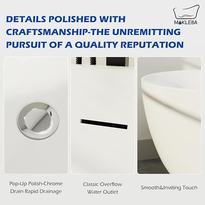 67" Acrylic Freestanding Bathtub, Elegant Oval Free Standing Tub, Soaking Tub with Integrated Slotted Overflow, Toe-Tap Chrome Drain, cUPC Certified, Glossy White