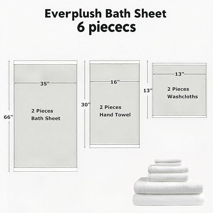 Everplush Diamond Collection 6-Piece Bath Sheet Towel Set, Soft Plush Jacquard Luxury Bath Towels,Highly Absorbent & Fast-Drying Luxury Towels Sets for Bathroom,Shower, or Spa (White, Bath Sheet 6PK)