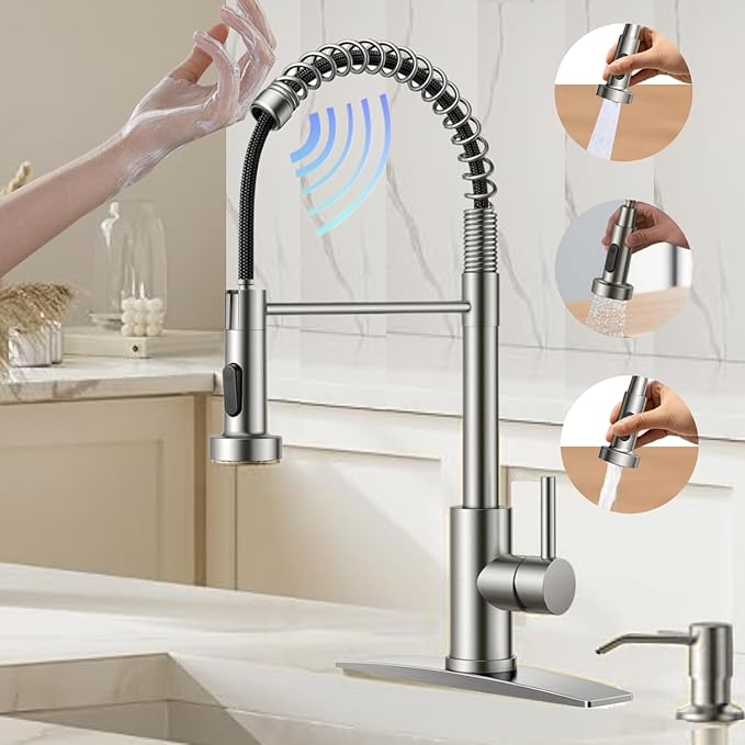 Smart Touch On Kitchen Faucet, 3 Modes Pull Down Sprayer, Sensor Activated, Ceramic Disc Valve, 360-Degree Rotation, 1 or 3 Hole Deck Plate. 10-Year Warranty. (KW-62SN,Brushed Nickel)