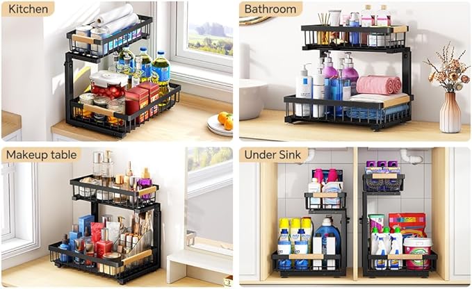 PXRACK 2 Pack Under Sink Organizer,Adjustable Height,2 Tier Pull Out Under Cabinet Organizer,Slide Out Thickened Metal Under Sink Storage for Kitchen Bathroom Laundry Cabinet Pantry,Black(S)