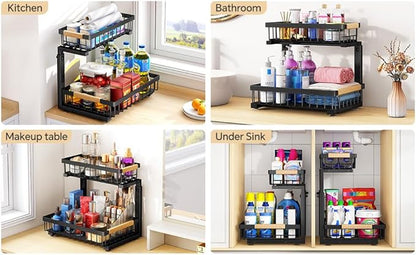 PXRACK 2 Pack Under Sink Organizer,Adjustable Height,2 Tier Pull Out Under Cabinet Organizer,Slide Out Thickened Metal Under Sink Storage for Kitchen Bathroom Laundry Cabinet Pantry,Black(S)
