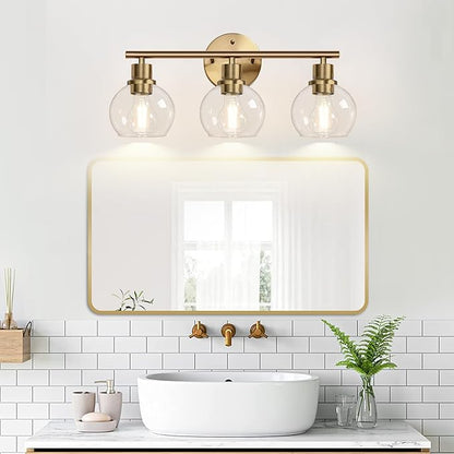 2025 Upgrade 3-Light Bathroom Light Fixtures, Brushed Brass Bathroom Lights Over Mirror with Clear Glass Globe Shade, Vanity Lights for Bathroom Kitchen Living Room Hallway Cabinet Bedroom Porch