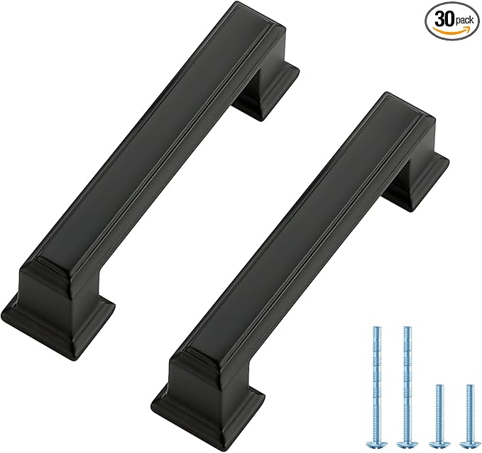Ravinte Hardware 30 Pack Matte Black Cabinet Pulls, 3 Inch (76mm) Hole Center Zinc Alloy Drawer Handles for Kitchen Cabinets, Cupboards, Dressers, Square Solid Metal Hardware