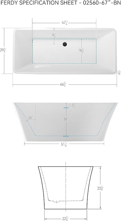 FerdY Sentosa 67" Acrylic Freestanding Bathtub, Contemporary Design Soaking Tub with Matte Black Drain and Matte Black Overflow, Easy to Install