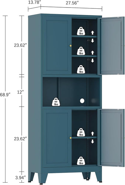 Metal Pantry Cabinet, Tall Kitchen Cabinet with 4 Doors & Adjustable Shelves,69" Blue Freestanding Storage Cabinets with Microwave Stand Cupboard for Living Room,Dining Room,Home