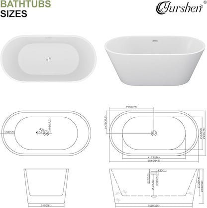 59" Freestanding Acrylic Bathtub White Roll Top Soaking Tub with Black Drain Sleek Finish for Contemporary Bathrooms, YSB9219