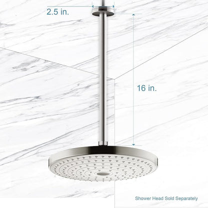 OFFO Shower Arm with Flange, 16 in Brushed Nickel Ceiling Mount Replacement Rain Shower Head Straight Arm Ceiling-Mounted For Fixed Shower Head & High Pressure Rain
