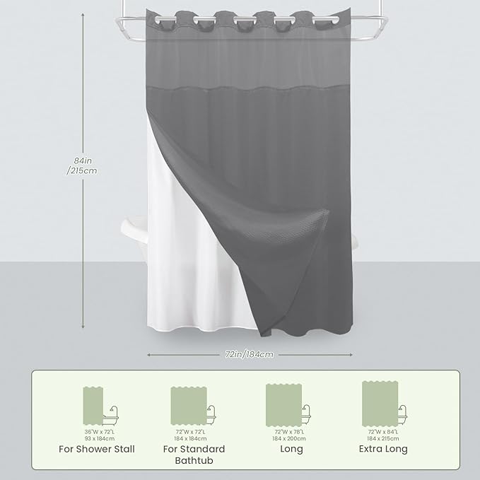 Inhousolu Extra Long No Hook Shower Curtain with Snap in Fabric Liner Set Waffle Weave 230GSM Weighted Hem, Waterproof & Washable Bathroom Curtain Spa Luxury with Mesh Top Window 72" W x 84" L Grey