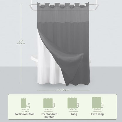 Inhousolu Extra Long No Hook Shower Curtain with Snap in Fabric Liner Set Waffle Weave 230GSM Weighted Hem, Waterproof & Washable Bathroom Curtain Spa Luxury with Mesh Top Window 72" W x 84" L Grey
