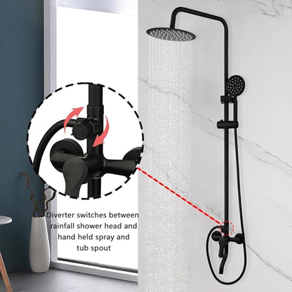 Exposed Shower System 8 Inch Rainfall Shower Head Matte Black Outdoor Shower Fixture 3 Function Stainless Steel Wall Mount Shower Faucet Set with Handheld Sprayer and Tub Spout