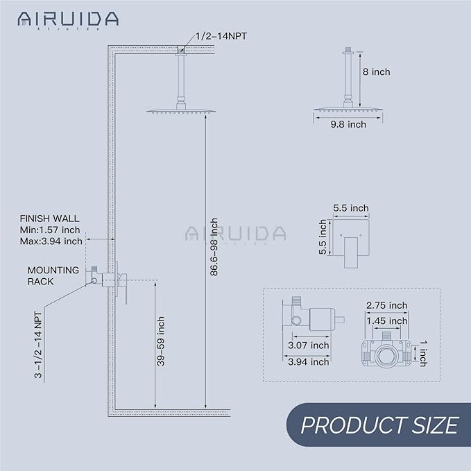 Airuida Shower Faucet Set and Handle Set Single Function Shower Trim Kit Ceiling Mount Rainfall Shower System with Male Threads and Rough-in Valve 10 Inch Square Shower Head Brushed Nickel