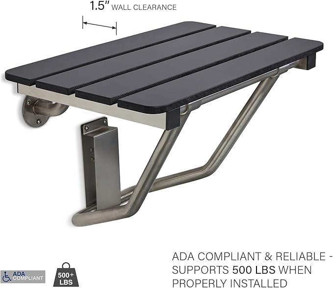 32-inch x 15-inch ADA Folding Wall Mount Bathroom Shower Seat Bench, Black Slatted Phenolic Seat
