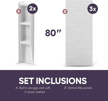 White Acrylic Shower Wall Surround 36"x 60"x 80" - Waterproof, Easy-to-Install, Two Shelf Units Kit Included - Shower Wall Surround Panels - Vertical Pattern, Dynamic Shelves - Noah William Home