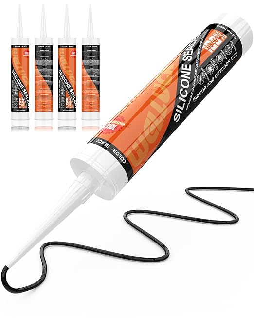 WELLUCK Black Silicone Caulk, 100% Waterproof Silicone Sealant Adhesive Caulking,for RV, Kitchen,Bathroom, Window, Door, Glass,10.2FL.OZ/300ML（4 Pack）