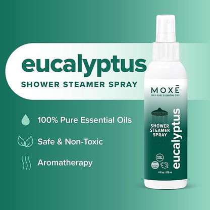 MOXĒ Eucalyptus Oil Shower Mist, Spa Steam Spray, Certified Natural 100% Essential Oils, Made in USA, Aromatherapy, Sinus Congestion Relief, Tension Relief, 4 Ounces