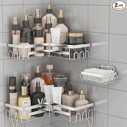 3 Pack Adhesive Corner Shower Caddy Shelf Organizer Rack, No Drilling Stainless Steel Shower Storage Rack with Hooks for Bathroom Storage & Home Decor