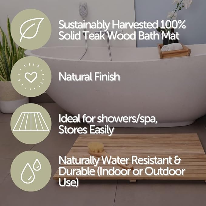 Nordic Style Premium Teak Shower + Bath Mat for Indoor + Outdoor Use | Non-Slip Wooden Platform for Spa, Sauna, Shower, Pool, Bath, Hot Tub | Flooring Decor and Protector