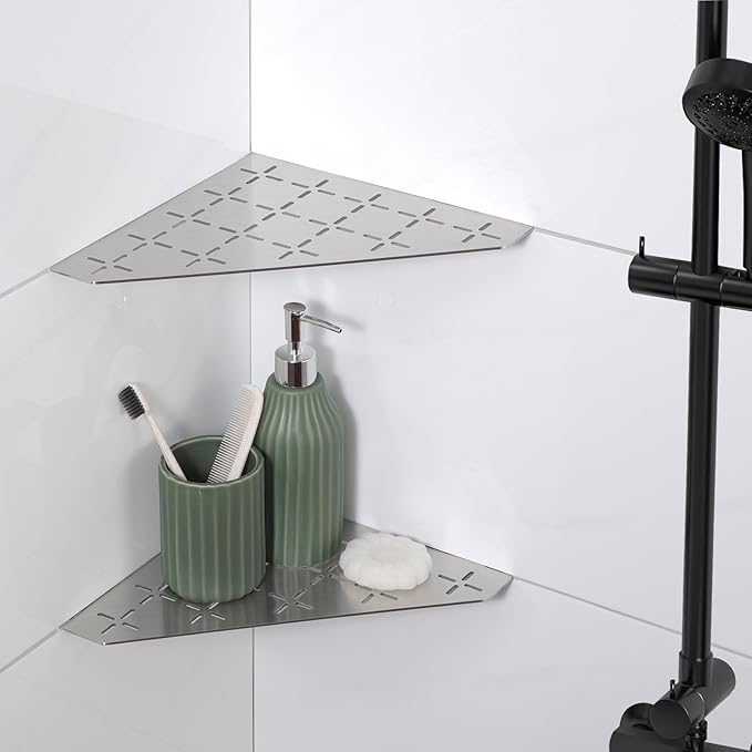 Recessed Corner Shower Shelf, 10" SUS304 Stainless Steel, Heavy Duty Shower Shelf, Grout in Bathroom Shelves for Tile Walls (2 Pack, Cross-Brushed)