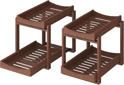 Bamboo Under Sink Organizer and Storage, 2 Pack Pull Out Cabinet Organization, 2 Tier Vertical Slide Out Undersink Storage Shelf, Multi-Purpose Organizer Shelves for Kitchen Bathroom Medicine, Brown