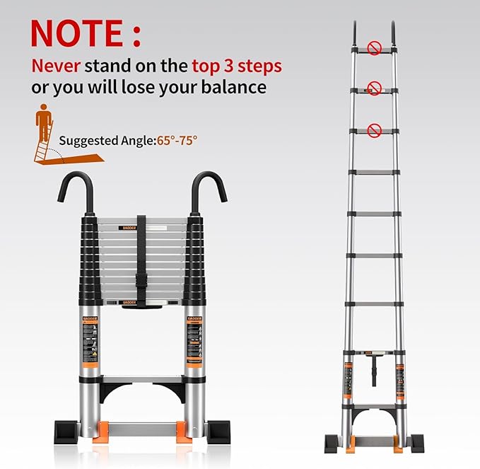 Telescoping Ladder,with Stable Hook and stabilizer barand,Extension Ladder, Heavy Duty 330lbs Max Capacity, Multi-Purpose Collapsible Ladder for RV or Outdoor Work (Aluminum, 12.5FT/3.8M(A-Button))