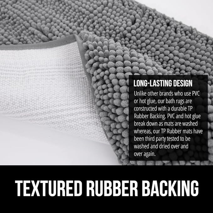GORILLA GRIP Plush Absorbent Shaggy Chenille Bath Rug Mat for Square Toilet Base with Rubber Backing, Machine Washable Rugs, Soft Microfiber Contour Mats for Toilets, Bathroom Decor, Grey
