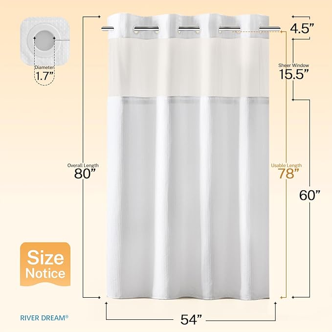 River Dream Stall Heavyweight No Hooks Required Dotted Waffle Weave Shower Curtain with Snap in Liner- 54W x 80H,Hotel Grade,Spa Like Bath Curtain,White