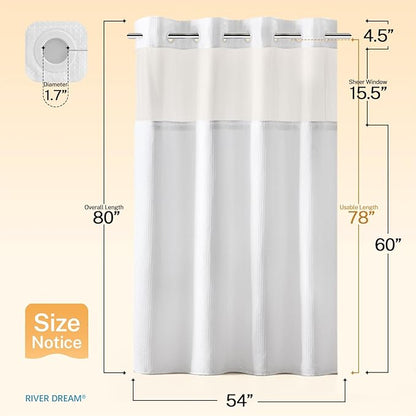 River Dream Stall Heavyweight No Hooks Required Dotted Waffle Weave Shower Curtain with Snap in Liner- 54W x 80H,Hotel Grade,Spa Like Bath Curtain,White
