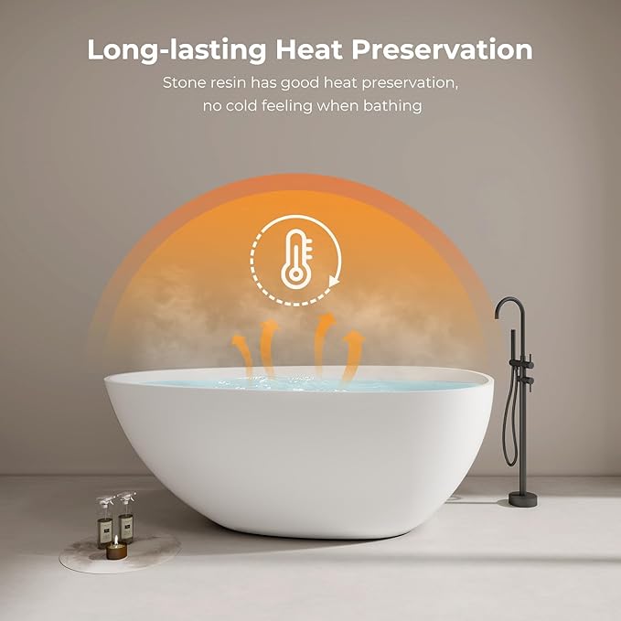Premium 59" Solid Surface Freestanding Bathtub, Upgraded Oval Stone Resin Egg ShapeTub with Overflow and Pop-up Drain, Matte White