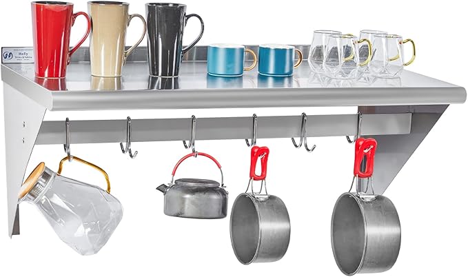 Hally Stainless Steel Shelf with 6 Hooks 18" x 36" Wall Mounted Pot Rack 350lb, NSF Commercial Floating Shelving for Storage Hanging Pots, Pans, cookware in Restaurant, Kitchen, Home and Hotel