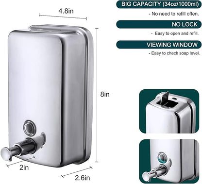 Commercial Soap Dispenser Wall Mount Stainless Steel Manual Liquid Pump Rust-Proof Leak Free for Bathroom (34 fl.oz./1000ml)