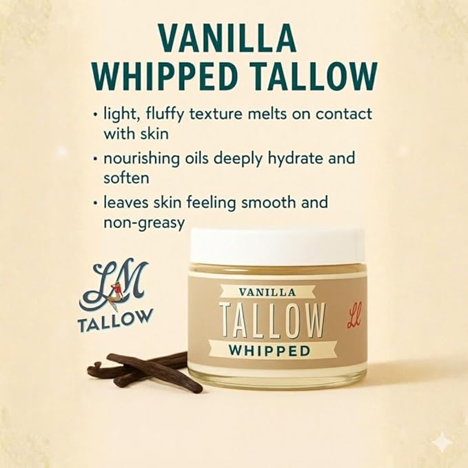 Whipped Tallow 24oz - All Natural Face Cream + Whole Body Moisturizer for Dry Skin - Made With Scented Oil Blend - No Preservatives, Parabens or Seed Oils - USA Made (Vanilla)