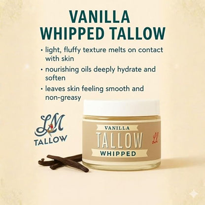 Whipped Tallow 9oz - All Natural Face Cream + Whole Body Moisturizer for Dry Skin - Made With Scented Oil Blend - No Preservatives, Parabens or Seed Oils - USA Made (Vanilla)