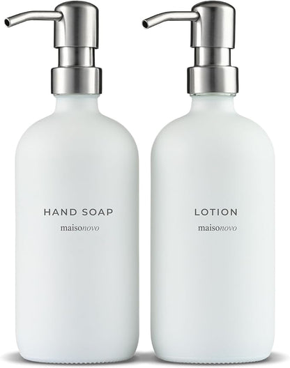 MaisoNovo Soap Dispenser 2-Piece Set | 16.9oz White Bottles with Silver Stainless Steel Pumps