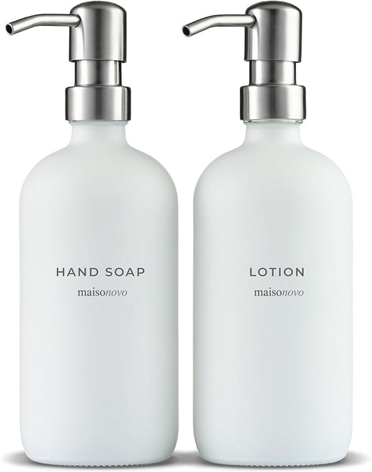 MaisoNovo Soap Dispenser 2-Piece Set | 16.9oz White Bottles with Silver Stainless Steel Pumps