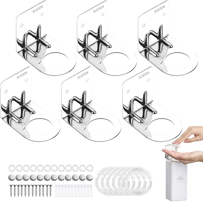 6Pcs Resizable Soap Bottle Dispenser Holder Wall Mount for Shower, Soap Shampoo Lotion Dispenser Wall Mount Bottle Holder for Bathroom Kitchen with Screw Sets (6pcs Silvery)