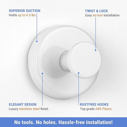 Suction Cup Hooks for Shower, Bathroom Hooks for Towels Stainless Steel Wall Hook for Hanging up to 6.5 lbs for Kitchen, Glass, Mirror(2PCS White)