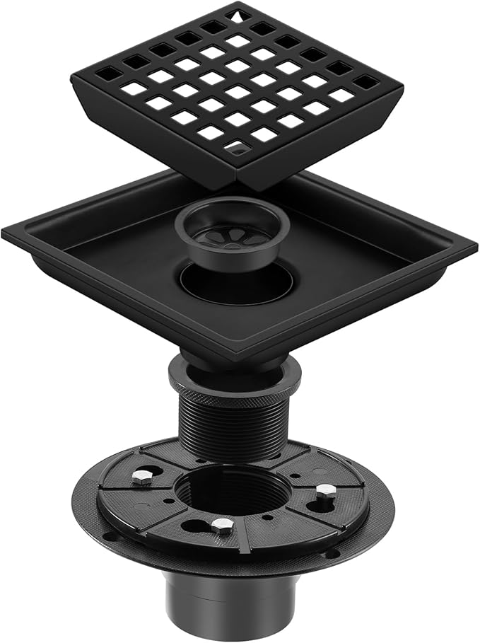 Shower Drain, Matte Black 4 inch Square Shower Floor Drain with Flange, Removeable Grid Panel SUS 304 Stainless Steel Square Shower Drain