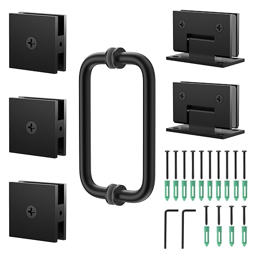 Shower Door Hardware Kit 304 Stainless Steel for 6/25"-1/2" (6mm-12mm) Tempered Glass, Hardware Accessories with 8" Handles Hinges Glass Clamp - Matte Black