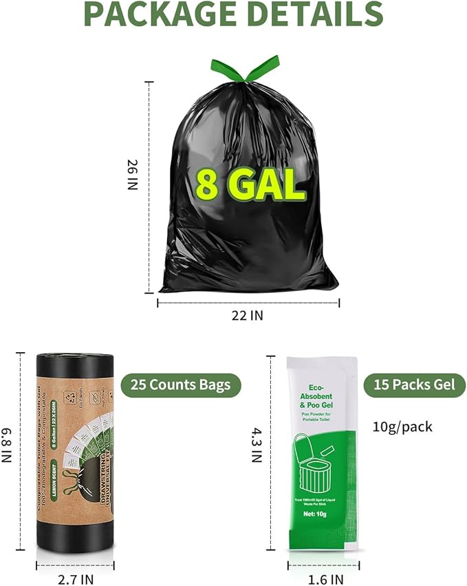 Camping Toilet Bags Poo Gel Set, 25 Count Portable Toilet Bags with 15 Count Camping Toilet Gel, 8 Gallon Composting Toilet for Portable Outdoor Hiking